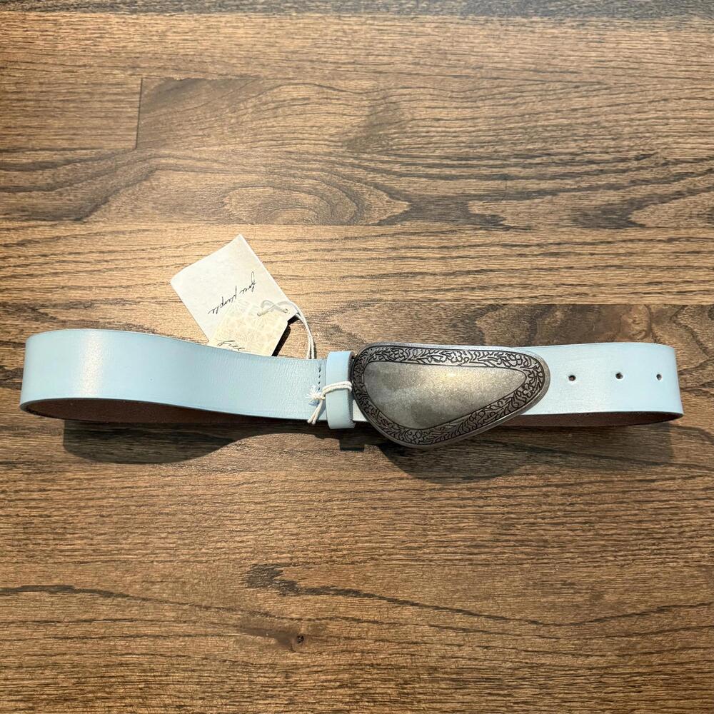 Free People Light Blue Leather Belt with Ornate Silver-Tone Buckle